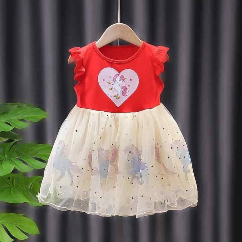 Girl Dress Red Unicorn L