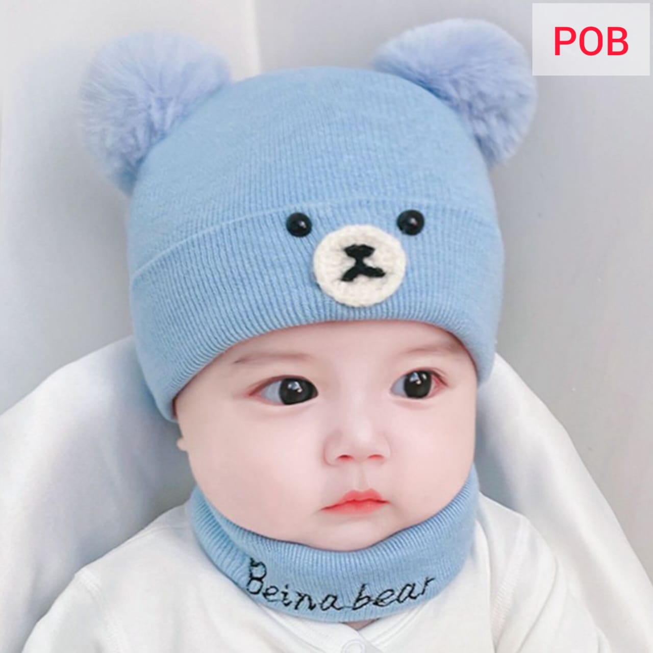Cotton Pom Pom Bear Hats Scarf Blue  -POB