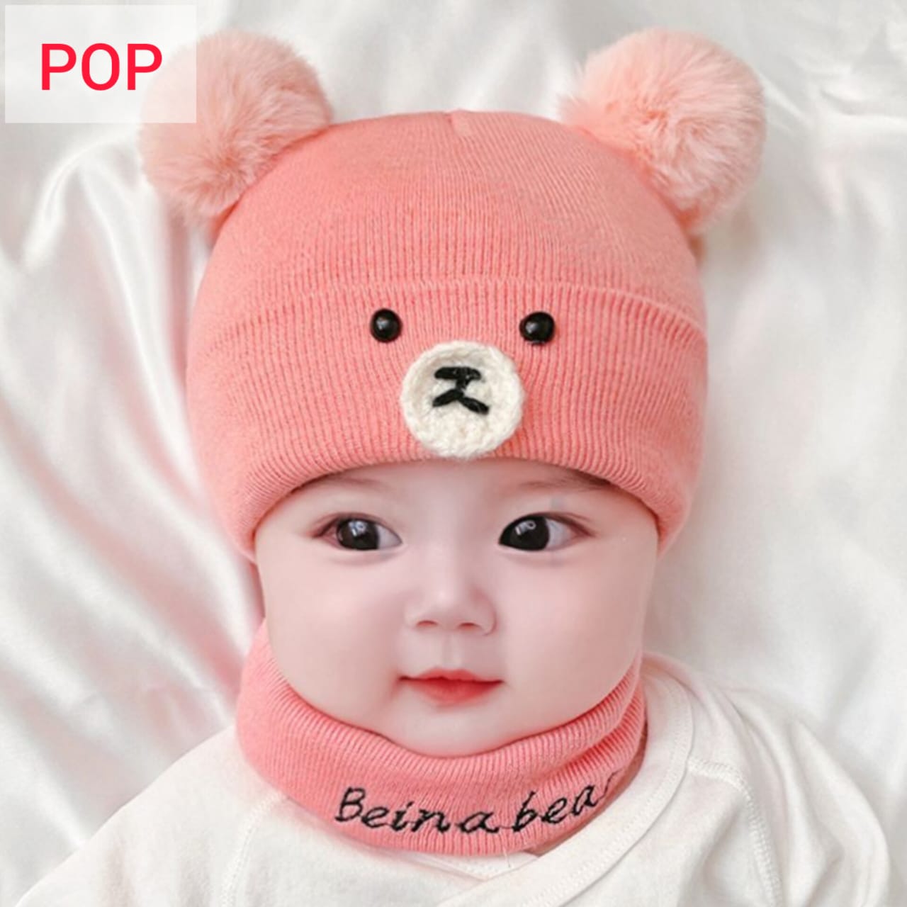 Cotton Pom Pom Bear Hats Scarf Pink  -POP